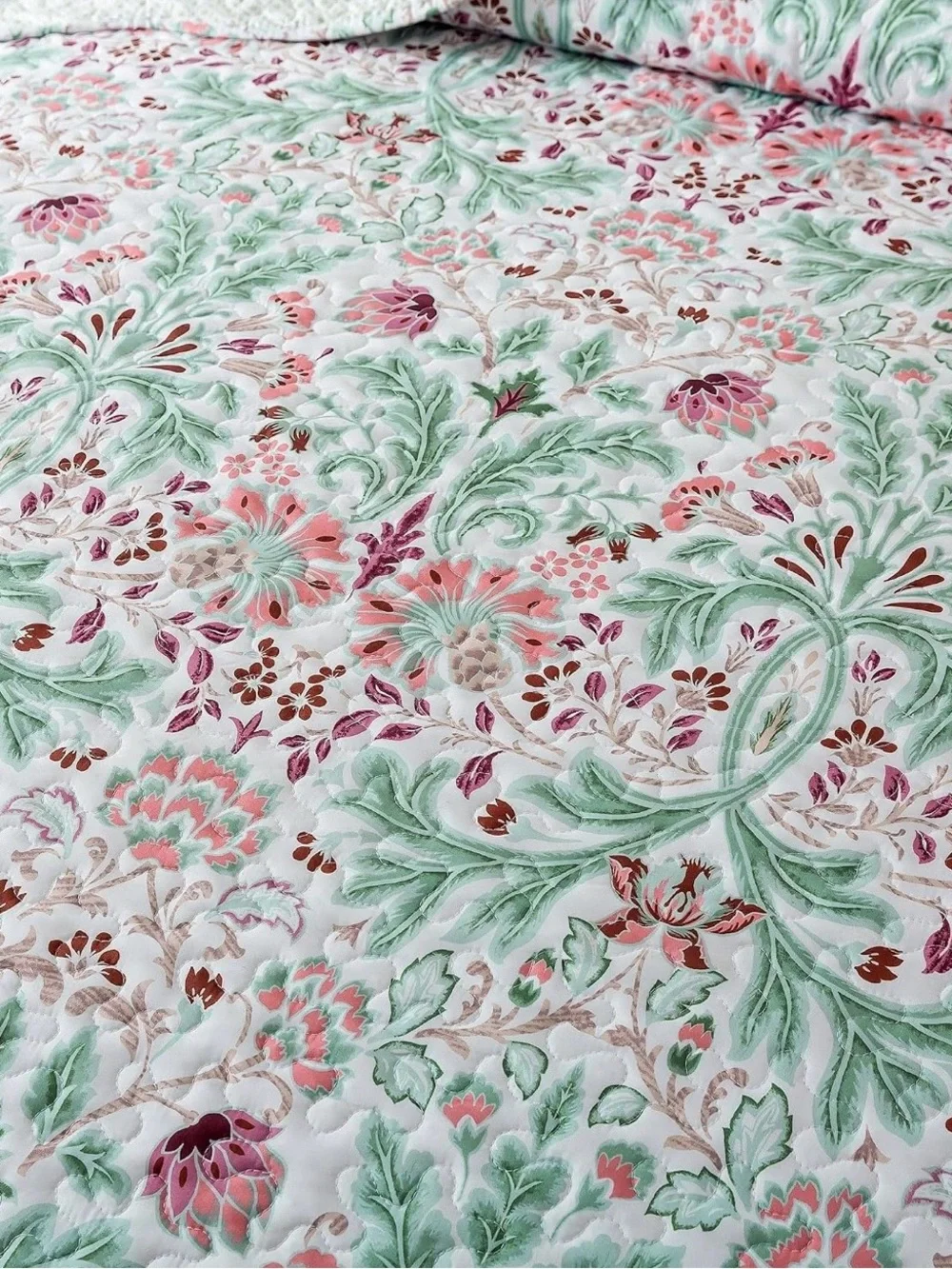 NEW Anthro Green & Pink Floral Reversible Boho Queen King Bedding Quilt Sham Set
